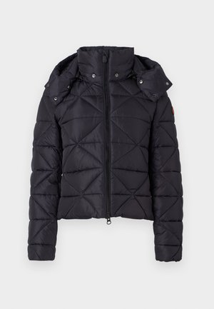 Black puffed jacket with a quilted design, zip closure, and a detachable hood. Features elastic cuffs and a slightly cropped fit.