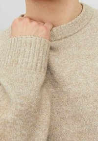 Beiger Strickpullover mit rundem, geripptem Halsausschnitt und gerippten Bündchen, der eine weiche Textur und subtile Farbnuancen zeigt.