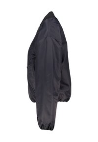 Black bomber jacket featuring a shiny nylon exterior, ribbed collar, and elastic cuffs. Includes a front pocket and relaxed fit design.