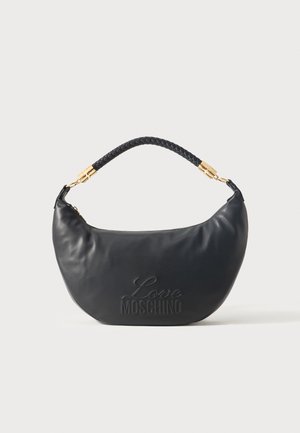 Black half-moon handbag with braided handle, gold hardware, and embossed "Love Moschino" logo on the front.