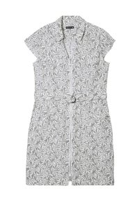 Abito a maniche corte con un motivo a foglie in grigio e bianco, dotato di una cerniera anteriore, due tasche sul petto e vita con cintura.
