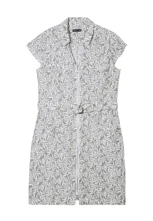 Robe à manches courtes avec un motif de feuilles en gris et blanc, dotée d'une fermeture éclair à l'avant, de deux poches poitrine et d'une taille ceinturée.