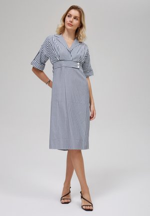 Striped dress with a v-neck, short sleeves, and a fitted waist. Material is lightweight fabric with blue and white vertical stripes.