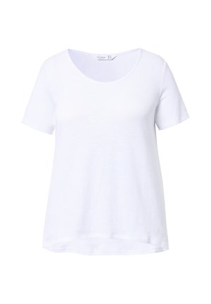 T-shirt bianco a maniche corte con scollatura rotonda. Realizzato in tessuto morbido, presenta una vestibilità comoda e un orlo leggermente curvo.