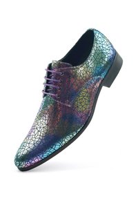 Veterschoenen met een holografische, iriserende afwerking, voorzien van een geometrisch patroon in meerdere kleuren; zwarte zool, gladde textuur.