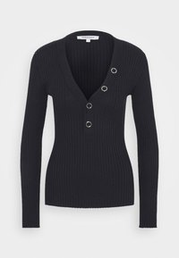 Pull en tricot noir à côtes avec un décolleté en V profond, présentant trois boutons métalliques décoratifs sur le côté gauche. Manches longues, coupe ajustée.