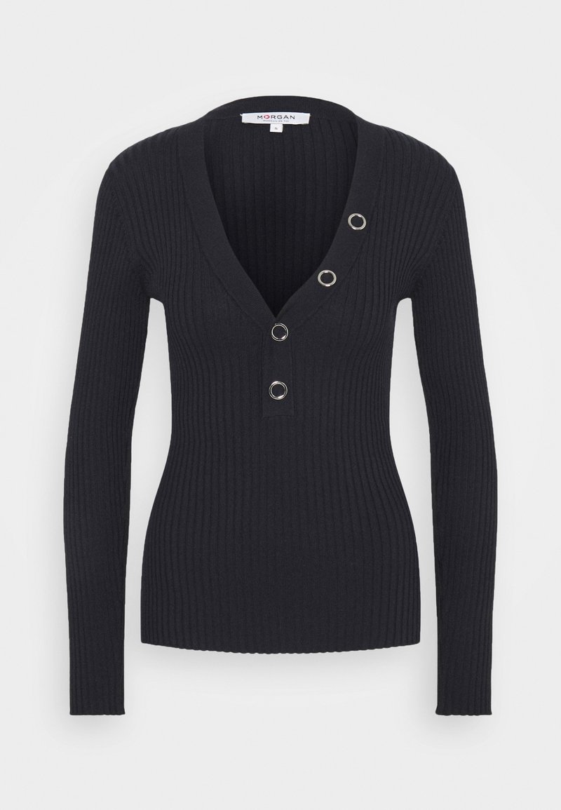 Pull en tricot noir à côtes avec un décolleté en V profond, présentant trois boutons métalliques décoratifs sur le côté gauche. Manches longues, coupe ajustée.