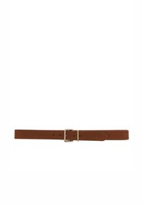 Brown leather belt with a rectangular silver buckle, featuring multiple holes for adjustment and a smooth, matte texture.