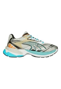 Scarpe da corsa con una tomaia in mesh leggero grigio con accenti turchesi, una suola intermedia ammortizzata e una suola in gomma stampata.