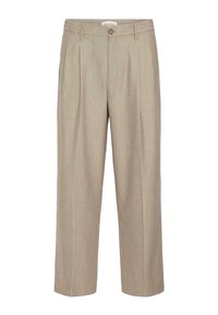 Beige tailor-made broeken met een relaxed fit, geplooid voorpand en een knoopsluiting. Gemaakt van gestructureerde stof met rechte pijpen.