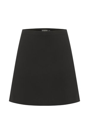 Černá áčková sukně s hladkým povrchem, elastickým pasem a minimalistickým designem. Bez viditelných vzorů či kovových detailů.