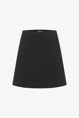 Jupe noire en forme de A avec une texture lisse, une taille élastique et un design minimaliste. Aucun motif visible ni détail matériel.