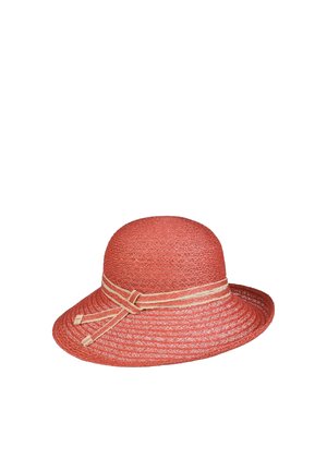 Red woven sun hat with a wide brim and beige striped ribbon tied in a bow around the base.
