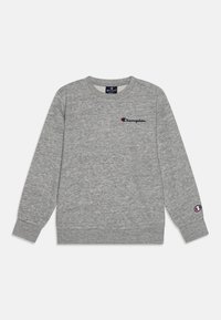 Felpa grigia realizzata in morbido cotone misto, con collo rotondo, maniche lunghe e piccolo logo ricamato "Champion" sul petto e sulla manica.