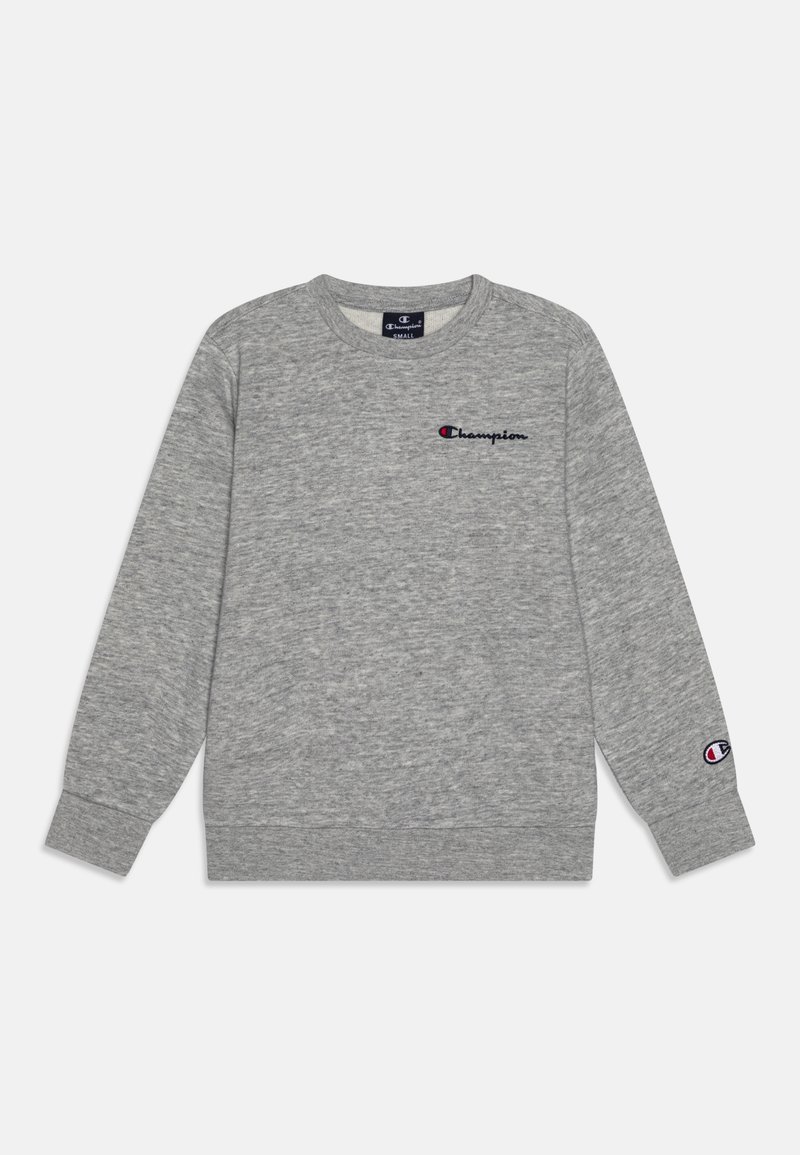Felpa grigia realizzata in morbido cotone misto, con collo rotondo, maniche lunghe e piccolo logo ricamato "Champion" sul petto e sulla manica.