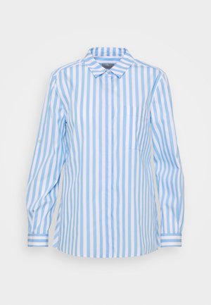 Camicia a maniche lunghe con bottoni, a righe verticali azzurro chiaro e bianco, con colletto e taschino sul petto.