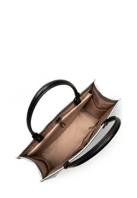 Borsa in pelle grigia con manici neri, forma strutturata e un interno con foderatura beige, diversi scomparti e una tasca con zip.