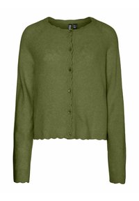 Zaļš adīts kardigans ar viļņotu apakšmalu, apaļu kakla izgriezumu un pogu aizdari. Raksturīgas garas piedurknes un mīksta tekstūra.