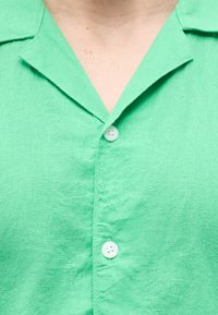 Πράσινο πουκάμισο με γιακά και δύο λευκά κουμπιά κουμπωμένα, που δείχνει το πάνω μέρος του στήθους και μέρος του λαιμού.