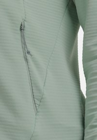 Hellgrüner Kapuzenpullover mit Reißverschluss und einer gerippten Struktur. Verfügt über eine Seitentasche mit kontrastierendem Reißverschlusszipper. Glatter Stoff, figurbetontes Design.