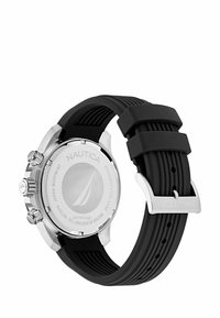 Orologio cronografo con cassa in acciaio inox e cinturino in gomma nera. Presenta pulsanti argentati e dettagli incisi sul fondo della cassa.