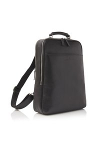 Black leather backpack with a rectangular shape, a top handle, adjustable shoulder strap, and zippered compartments. Smooth texture with subtle logo.