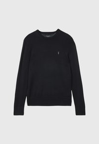 Schwarzer Strickpullover mit Rundhalsausschnitt und langen Ärmeln, ausgestattet mit einem kleinen gestickten Logo auf der Brust sowie einem gerippten Saum und Bündchen.
