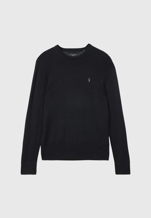 Suéter de punto negro con cuello redondo y mangas largas, que presenta un pequeño logo bordado en el pecho y un dobladillo y puños acanalados.