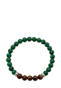 Armband aus Malachit- und Tigerauge-Perlen, mit runden Perlen in Grün mit schwarzen Wirbel und braunen Akzenten, getrennt durch silberfarbene Beschläge.