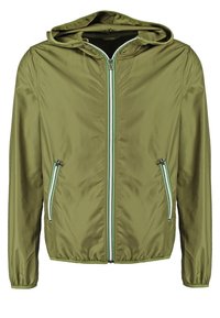 Lättviktsjacka i olivgrön färg med huva och dragkedja, försedd med två framfickor och kontrasterande dragkedjeaccents i grönt och vitt.