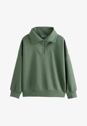Sweat-shirt vert à col montant et demi-fermeture éclair devant. Confectionné en tissu lisse, il présente une coupe légèrement oversize et des poignets en bord-côte aux manches et à l'ourlet.