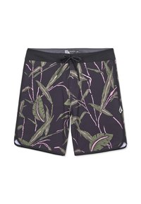 Shorts de bain noirs avec des motifs de feuilles tropicales vertes et roses, une ceinture noire avec une fermeture à nouer, et un petit logo blanc sur la jambe droite.