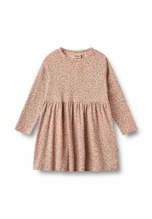 Beiges Langarmkleid mit kleinem rosa Blumenmuster, rundem Ausschnitt und gerafftem Taillendetail, auf weißem Hintergrund dargestellt.