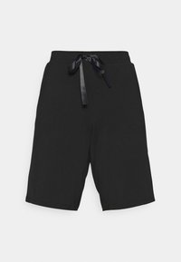 Shorts noirs en coton avec une taille élastique, dotés d'un cordon de serrage en satin et d'une coupe décontractée. Texture lisse et sans motifs visibles.