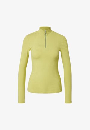 Geribbelde, langmouwtop in felgeel met een hoge kraag en een korte rits bij de hals, met een getailleerde pasvorm.