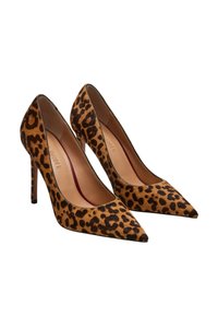 Tacchi a spillo con stampa leopardata e punta appuntita, realizzati in tessuto texture, con tacco a stiletto e una fodera interna liscia di colore nocciola.