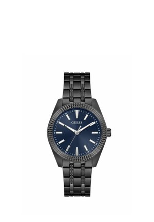 Black metal wristwatch with blue face, silver hour markers, and three silver hands showing 10:10 on a white background.