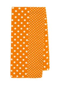Tela naranja con lunares blancos de diferentes tamaños. El diseño se divide en dos secciones, una con lunares grandes y la otra con pequeños.