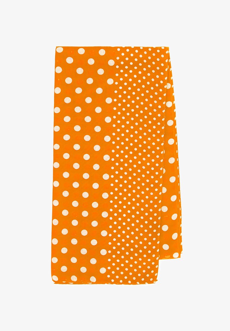 Tissu orange avec des pois blancs de différentes tailles. Le design est divisé en deux sections, l'une avec de grands pois et l'autre avec des plus petits.