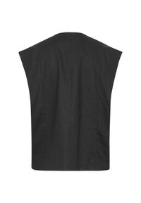 Veste noire sans manches pour femme avec larges épaules et coutures verticales discrètes, vue de dos sur fond blanc.