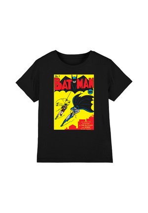 Black t-shirt featuring a vintage Batman comic cover with Batman and Robin gliding in front of a yellow background and red text.