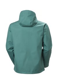 Petrolblauw waterdicht jack met capuchon, gezien van achteren, met lange mouwen en een gladde, matte afwerking.