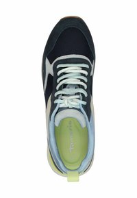 Navy blue sneaker with a mix of mesh and suede materials, light blue accents, white laces, and a lime green insole. Features a reinforced heel.
