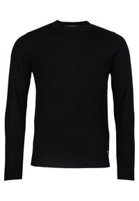 Maglione nero a maniche lunghe realizzato in fine maglia. Presenta un collo rotondo, vestibilità aderente e dettagli minimi con un'etichetta del marchio discreta sull'orlo.