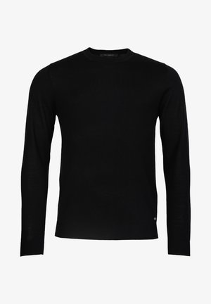 Schwarzer Pullover mit langen Ärmeln aus feinem Strickstoff. Verfügt über einen runden Ausschnitt, eine schmal geschnittene Passform und minimale Details mit einem dezenten Markenetikett am Saum.