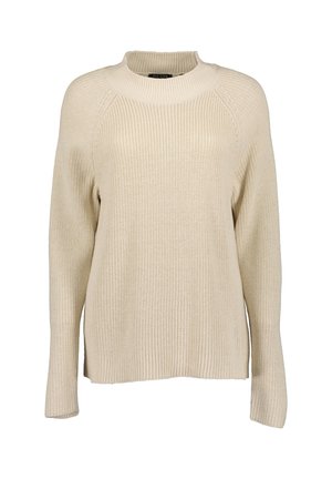 Beige gebreide lange mouw trui met geribbelde ronde hals, manchetten en zoom, met een gestructureerd patroon en een comfortabele pasvorm.
