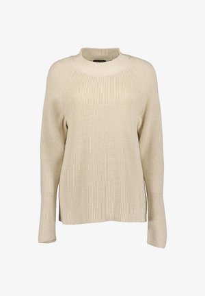 Beiger Strickpullover mit langen Ärmeln, geripptem Rundhalsausschnitt, Bündchen und Saum, mit strukturiertem Muster und lässiger Passform.