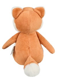 Soft plush fox toy with a textured orange body, white accents on ears and tail, rounded shape, and stitched details.