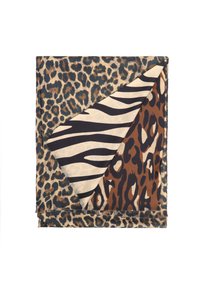 Sciarpa con stampa leopardata che presenta una combinazione di motivi animali in tonalità terrose, con una texture morbida e un dettaglio angolare a righe a contrasto.