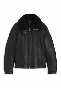 Schwarze Lederjacke mit einem breiten, schwarzen Schafslederkragen, vorne mit Reißverschluss, und zwei Seitentaschen. Verfügt über metallische Hardware-Akzente.
